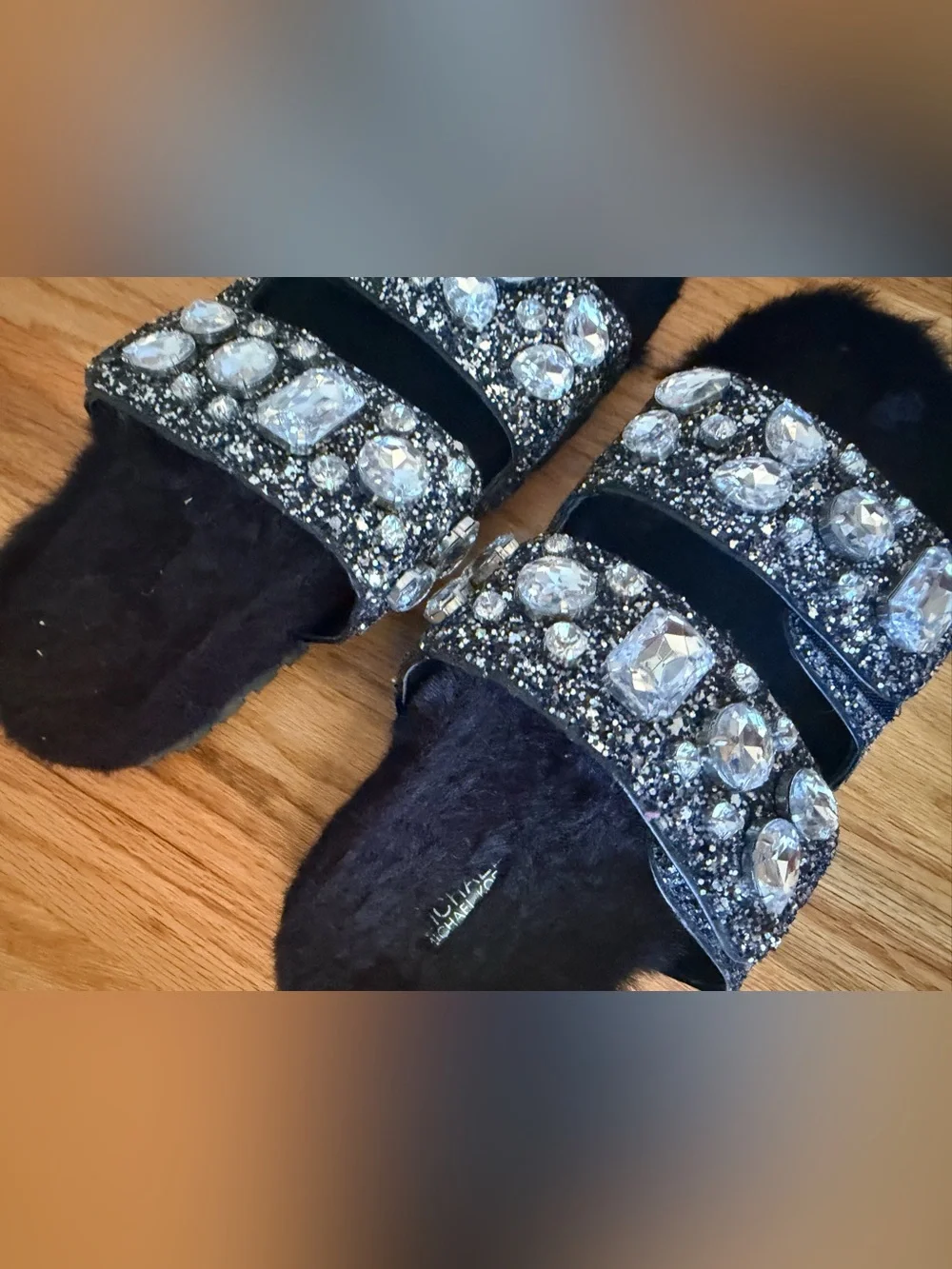Michael Kors Black Faux Fur Jeweled Slide Sandals